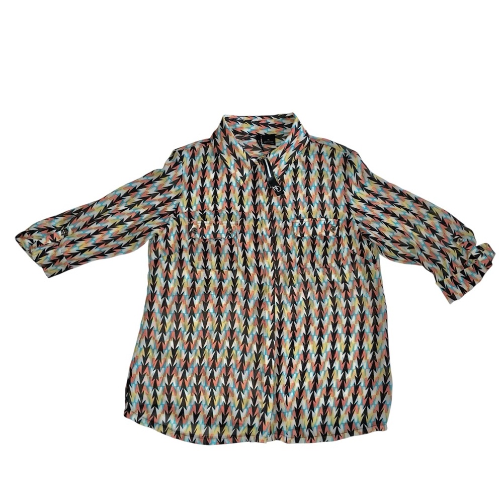 New Directions Black & Peach Button Down Shirt with 3/4 Sleeves Sz XL